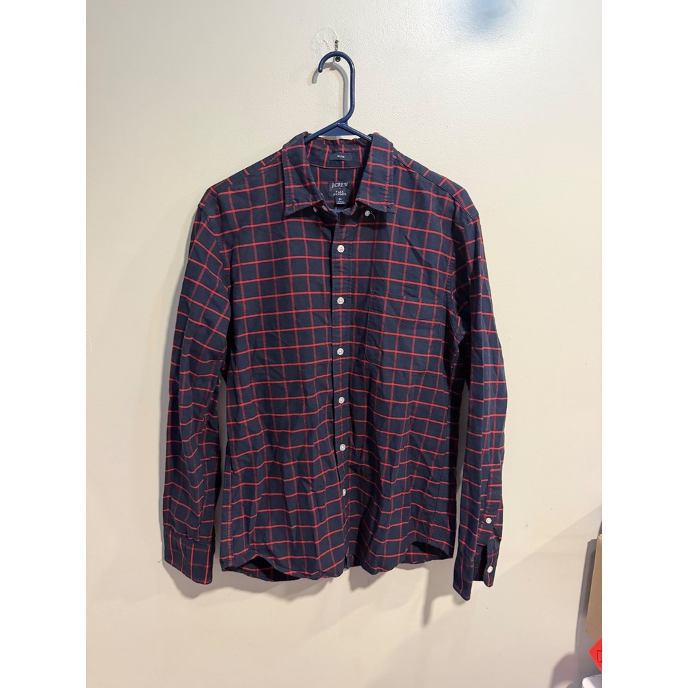 J.Crew Flex Oxford Slim Fit Shirt Mens Medium Navy Red Windowpane Plaid Check